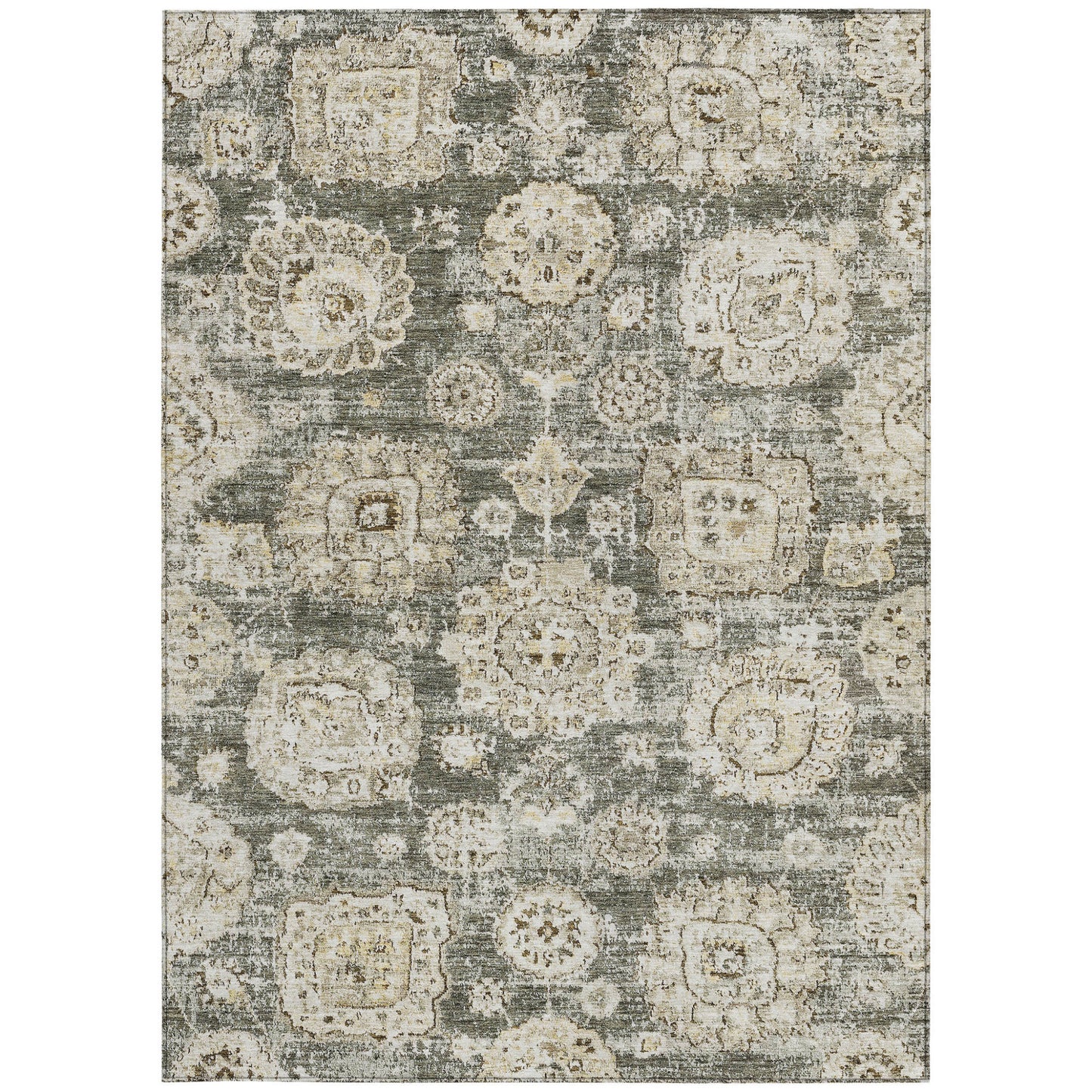 9' X 12' Taupe Beige And Gray Floral Washable Indoor Outdoor Area Rug