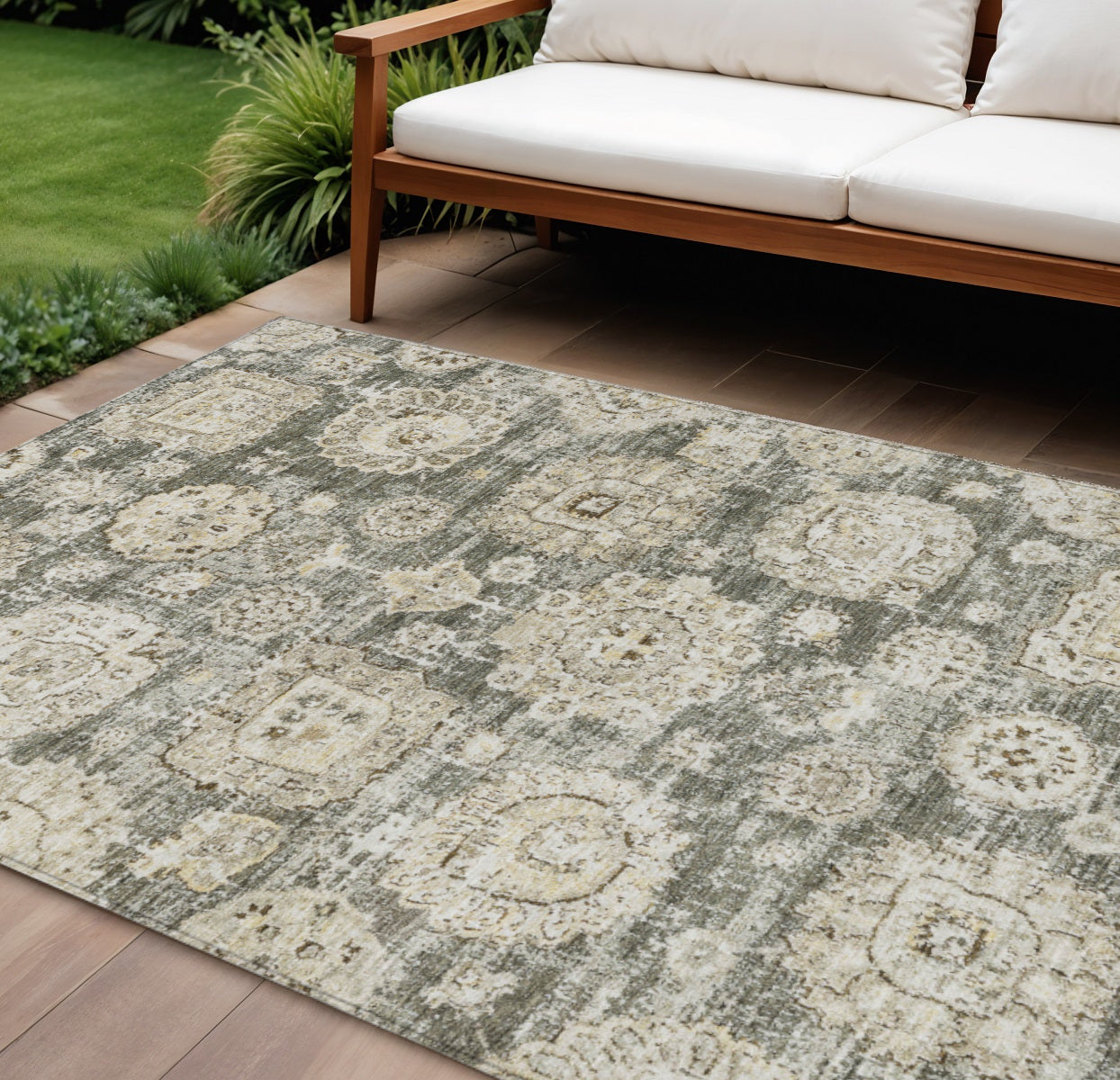 9' X 12' Taupe Beige And Gray Floral Washable Indoor Outdoor Area Rug