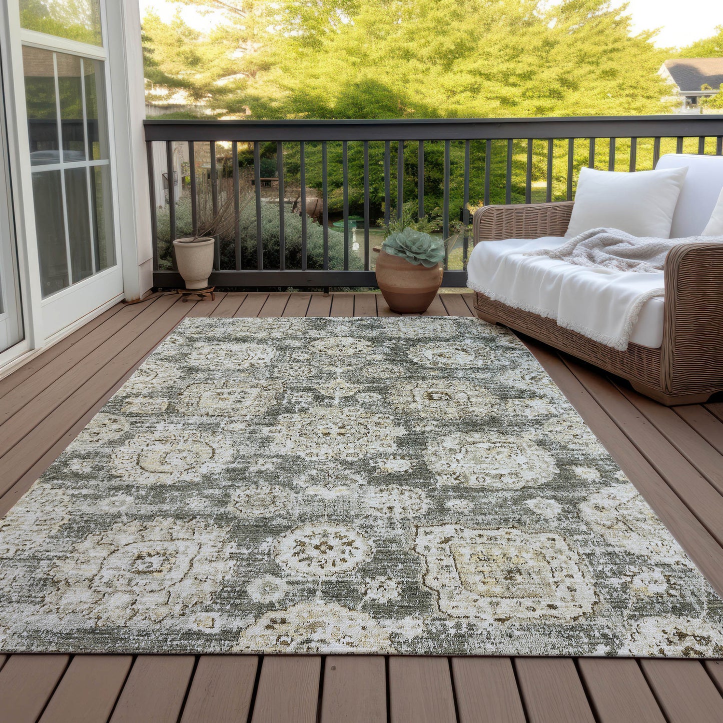 9' X 12' Taupe Beige And Gray Floral Washable Indoor Outdoor Area Rug