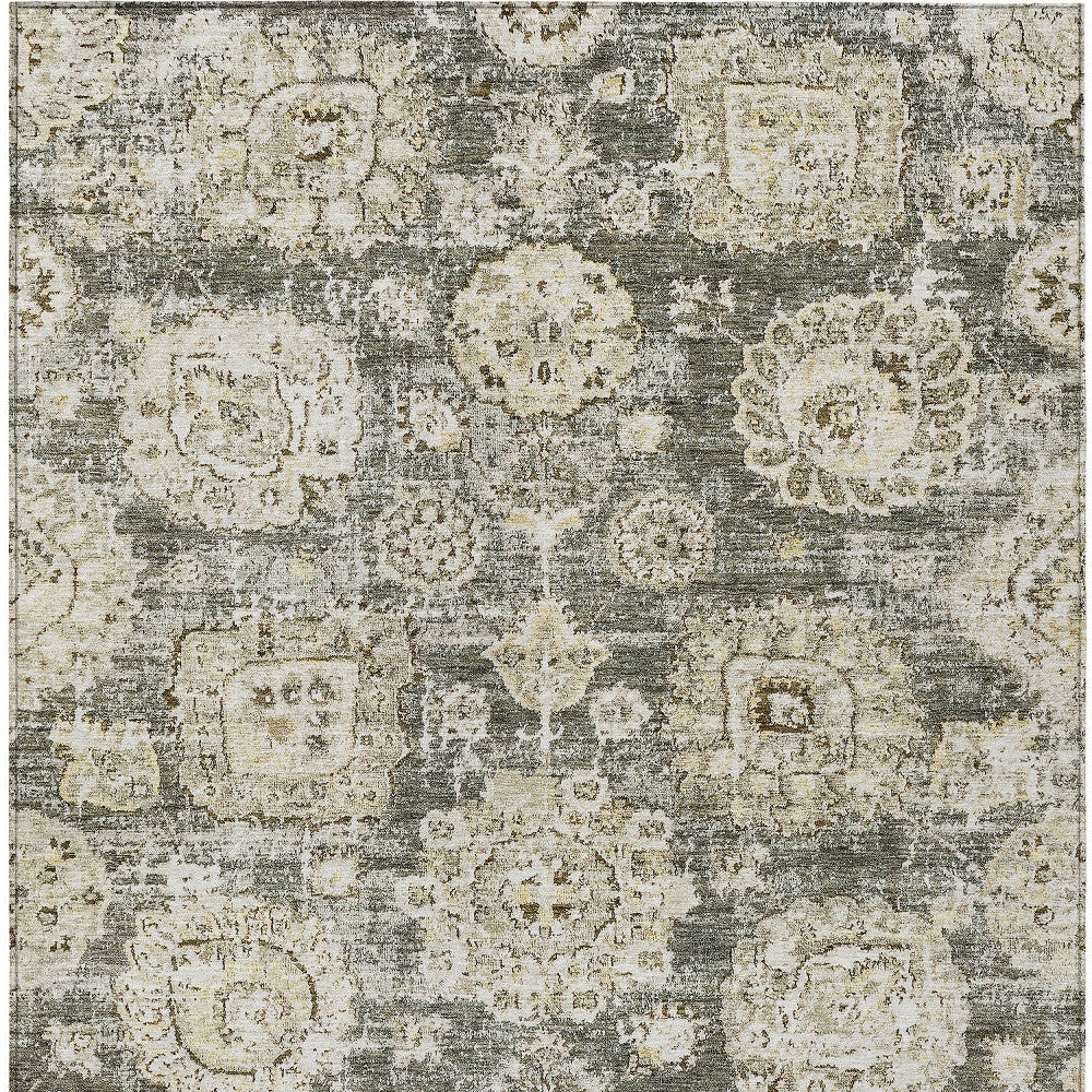 9' X 12' Taupe Beige And Gray Floral Washable Indoor Outdoor Area Rug