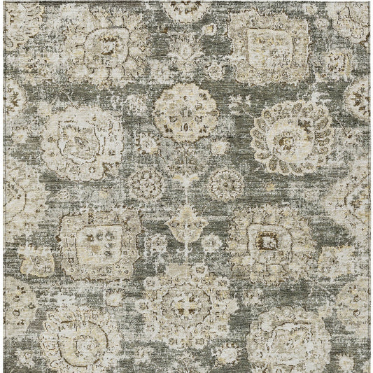 9' X 12' Taupe Beige And Gray Floral Washable Indoor Outdoor Area Rug