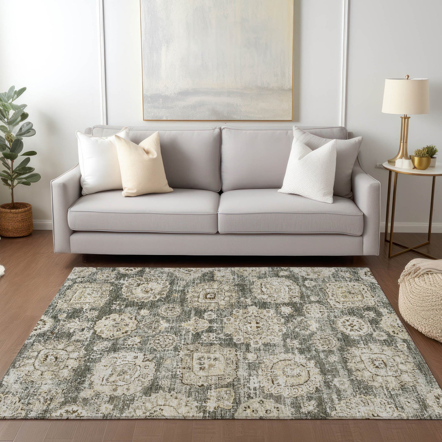 9' X 12' Taupe Beige And Gray Floral Washable Indoor Outdoor Area Rug