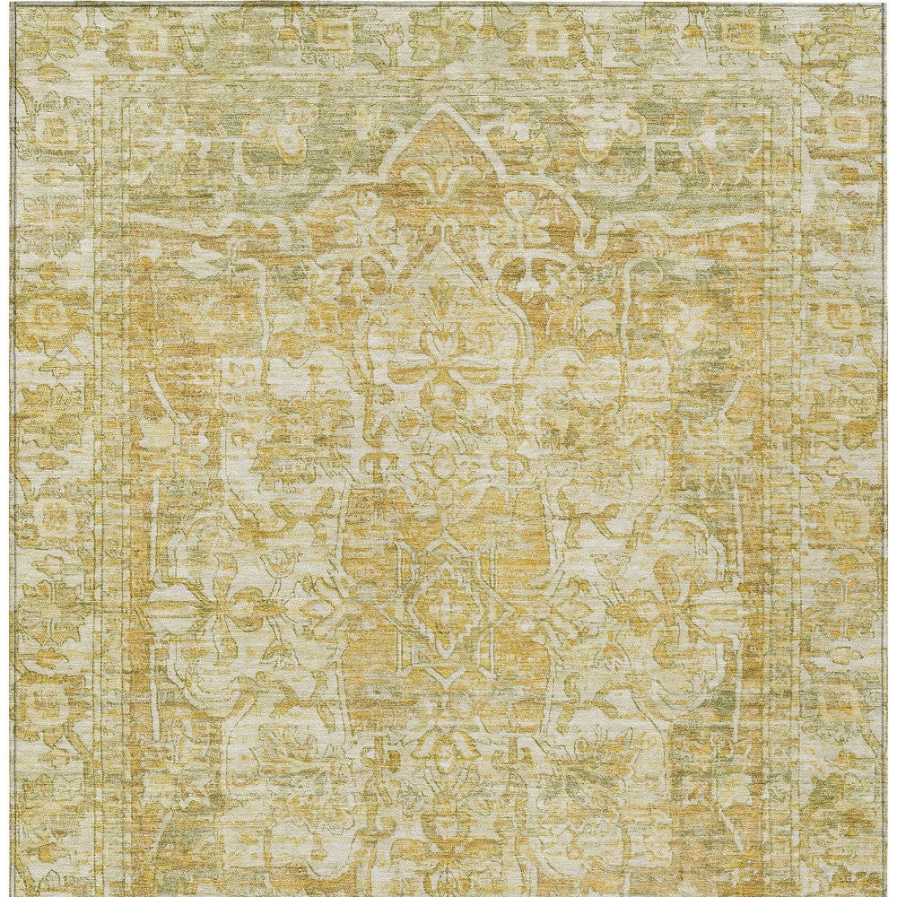 9' X 12' Tan Gold And Ivory Floral Medallion Washable Indoor Outdoor Area Rug