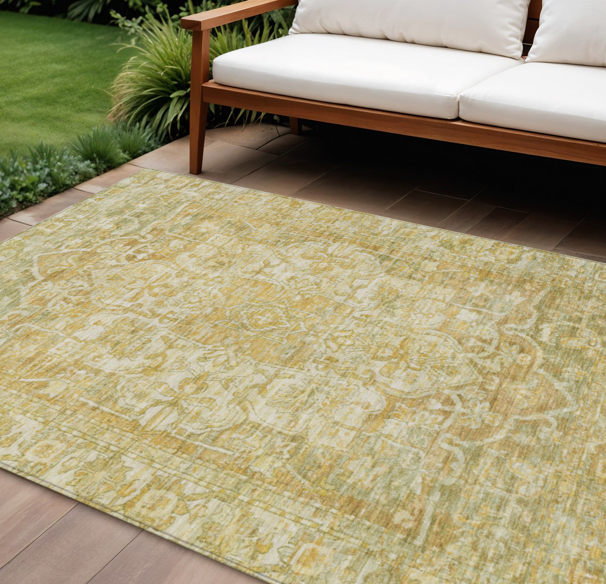 9' X 12' Tan Gold And Ivory Floral Medallion Washable Indoor Outdoor Area Rug