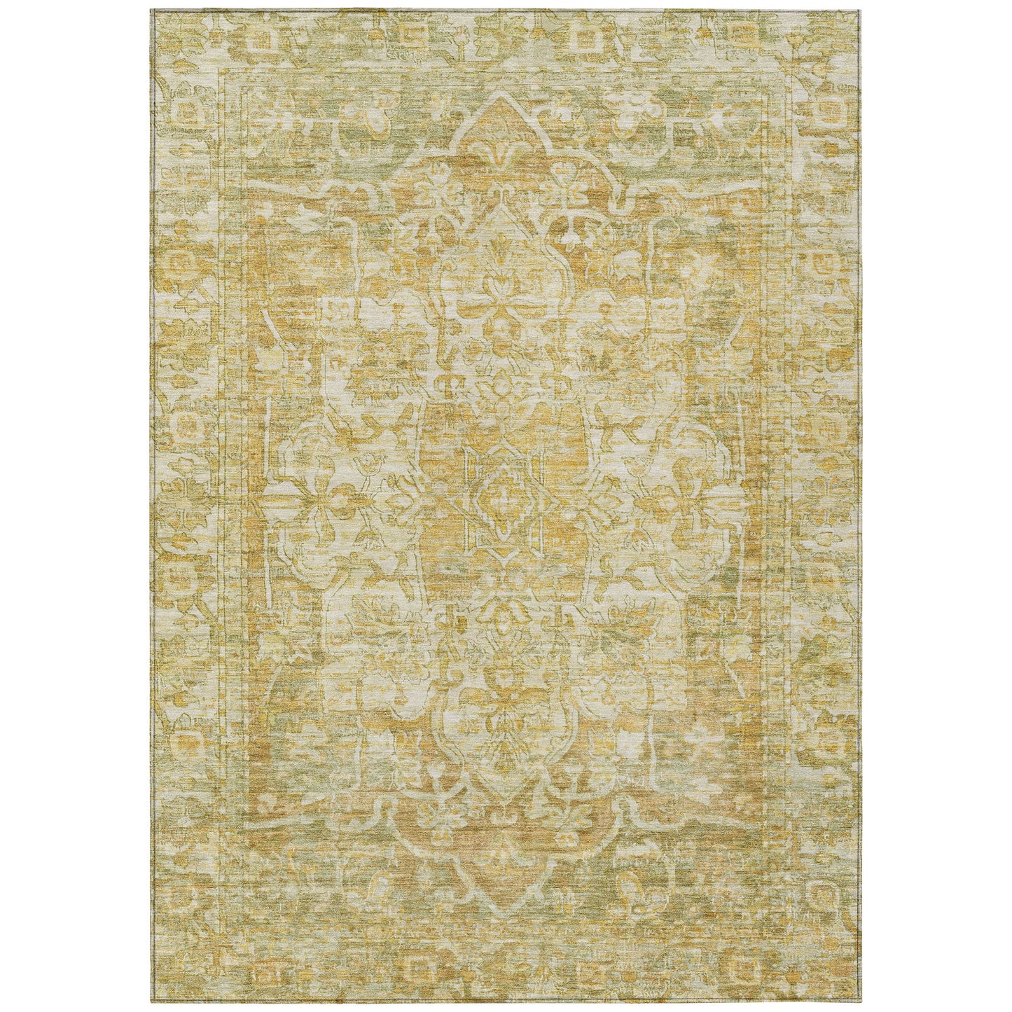 9' X 12' Tan Gold And Ivory Floral Medallion Washable Indoor Outdoor Area Rug