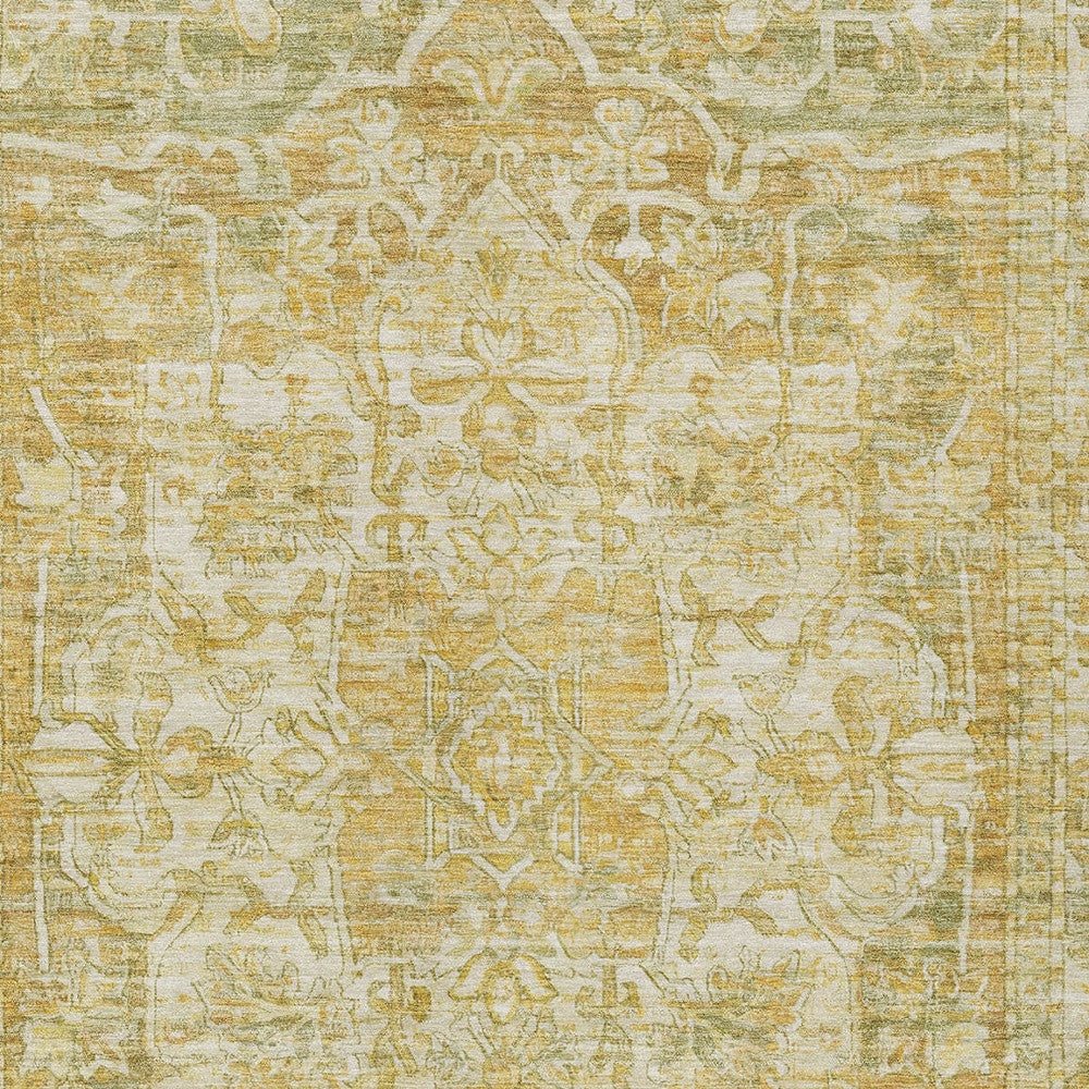 9' X 12' Tan Gold And Ivory Floral Medallion Washable Indoor Outdoor Area Rug